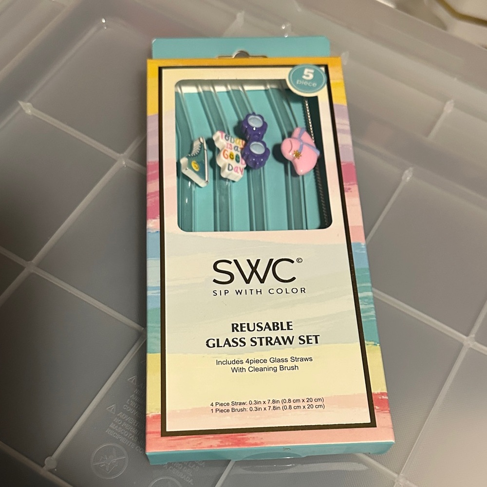 SWC Reusable Glass Straw Set with Charms attached.